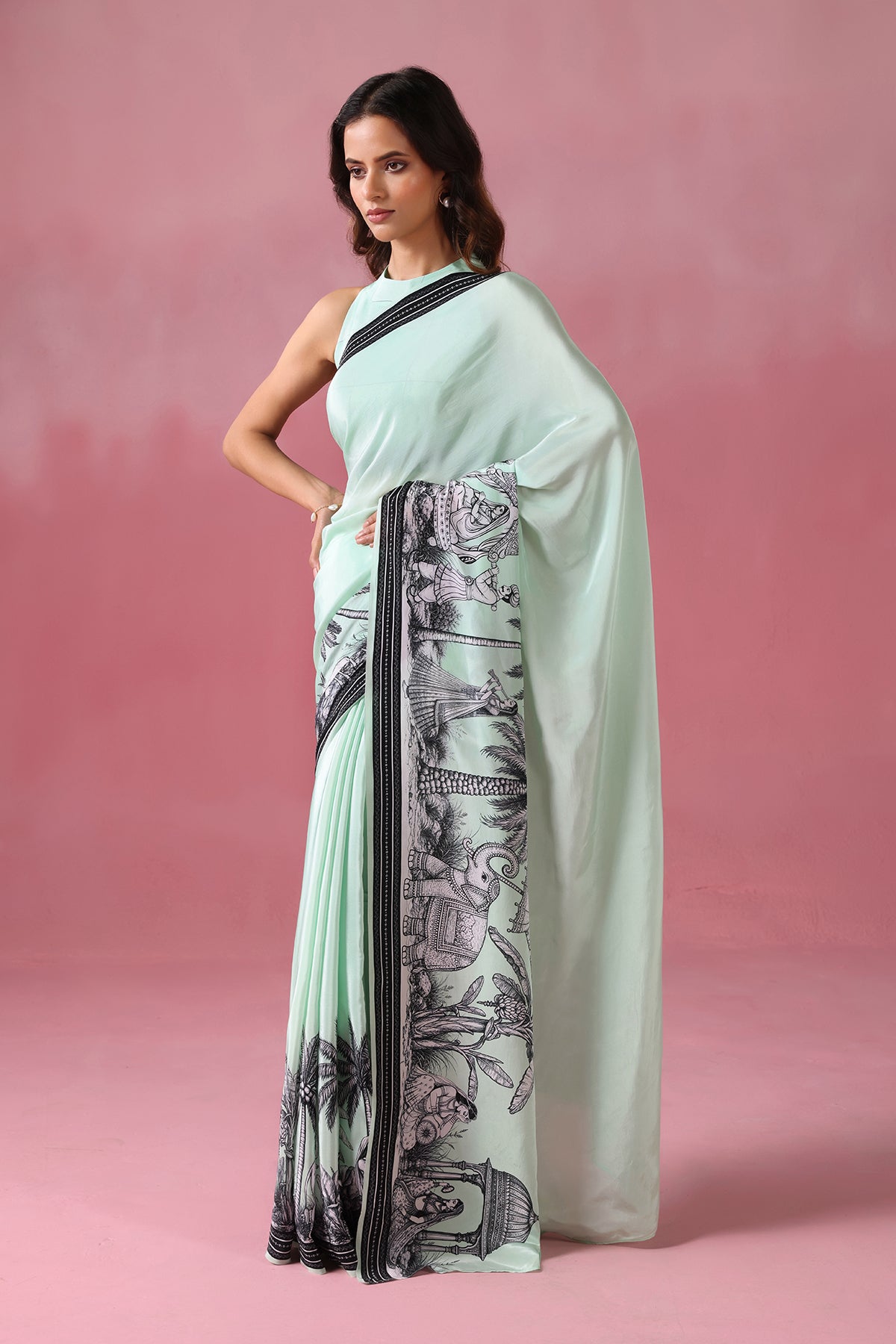 Mintara – Mint Green Drape Adorned with Kalamkari Motifs