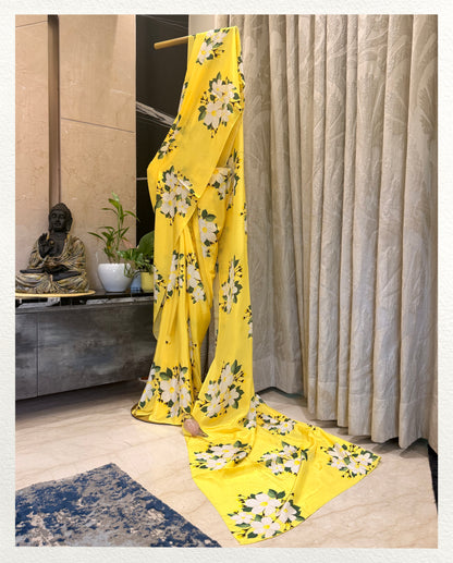 Jamrul – Lemon Floral Printed Saree | Pure Crepe