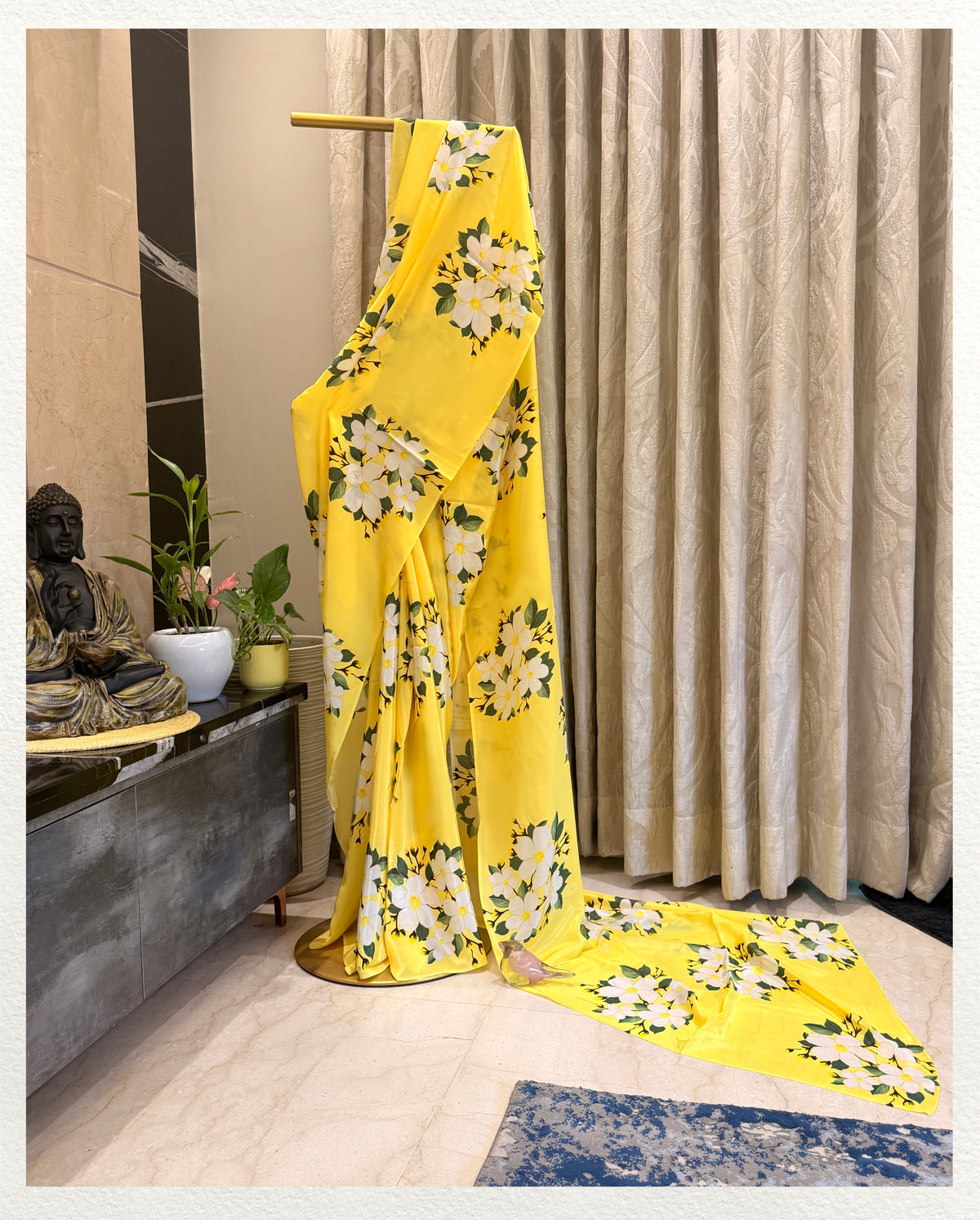 Jamrul – Lemon Floral Printed Saree | Pure Crepe