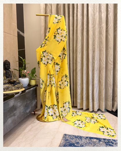 Jamrul – Lemon Floral Printed Saree | Pure Crepe