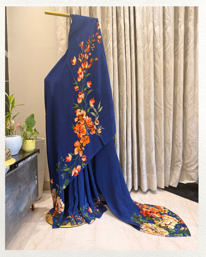 Neelika – Rich Blue Floral Printed Saree | Pure Crepe