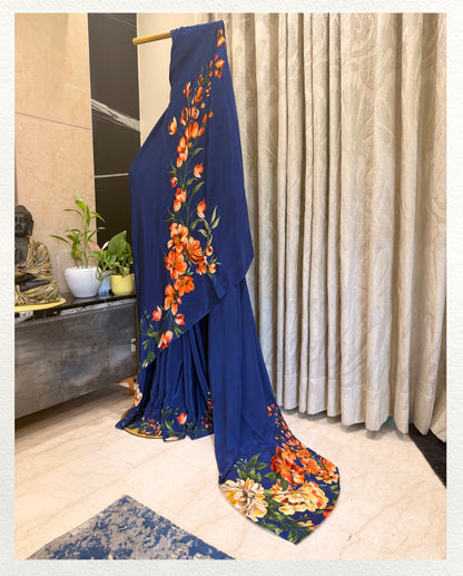 Neelika – Rich Blue Floral Printed Saree | Pure Crepe