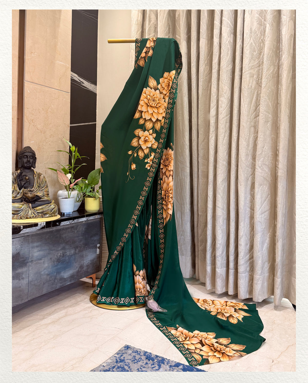 Vanya : Deep forest green canvas with detailed ochre-gold floral motifs and a geometric border.