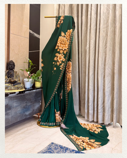 Vanya : Deep forest green canvas with detailed ochre-gold floral motifs and a geometric border.