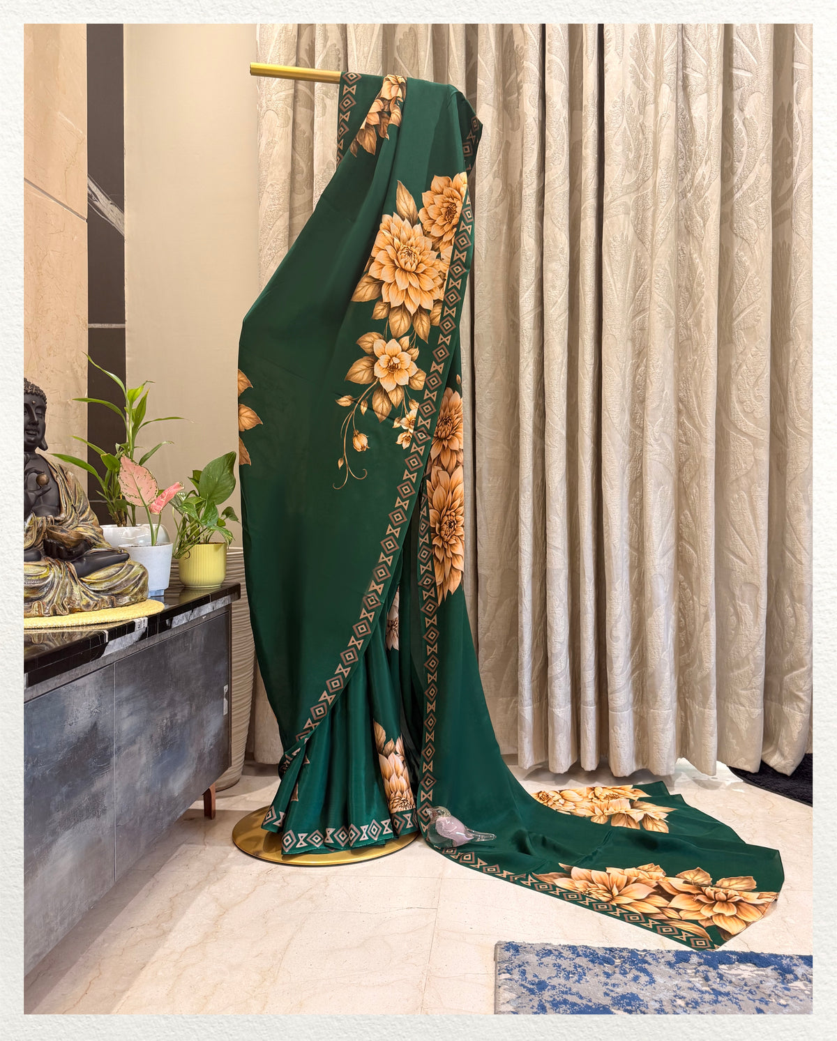 Vanya : Deep forest green canvas with detailed ochre-gold floral motifs and a geometric border.