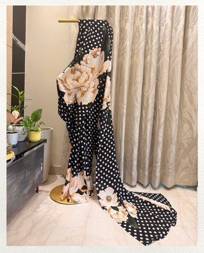 Phool Raatri : A rich, deep base canvas adorned with blooming floral motifs| Pure Crepe
