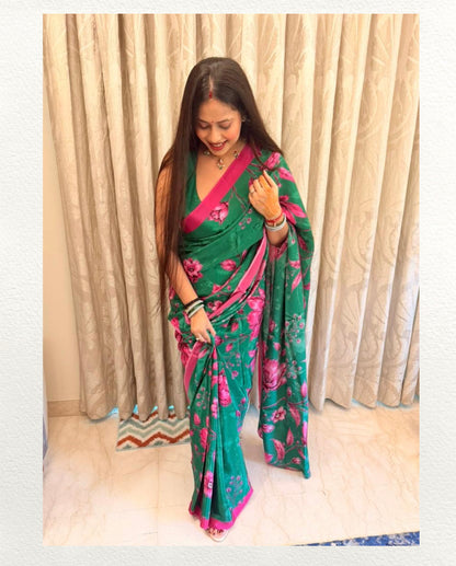 Suramya – Emerald Floral Printed Saree | Pure Crepe