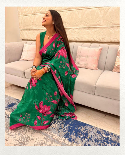 Suramya – Emerald Floral Printed Saree | Pure Crepe