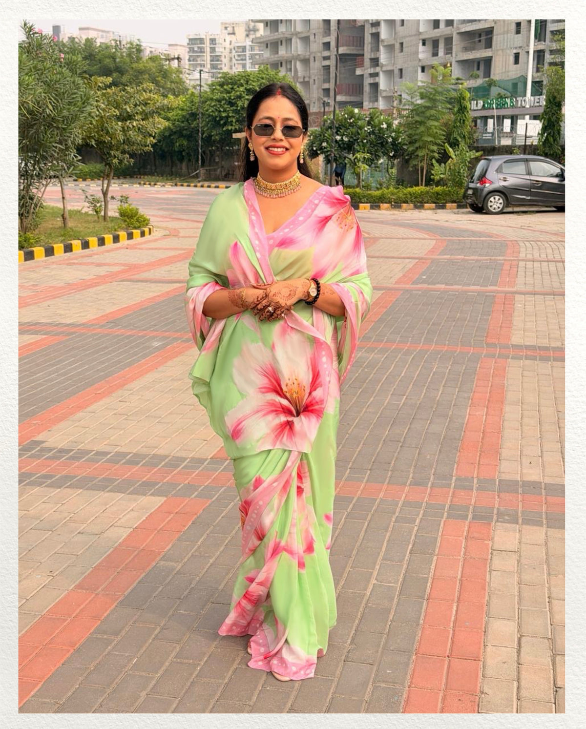 Vasanti – Pink Floral Printed Saree | Pure Crepe