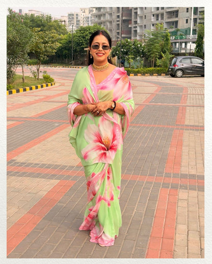 Vasanti – Pink Floral Printed Saree | Pure Crepe