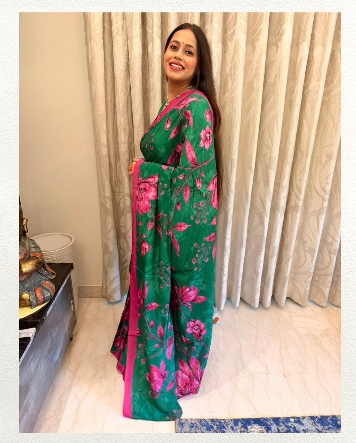 Suramya – Emerald Floral Printed Saree | Pure Crepe