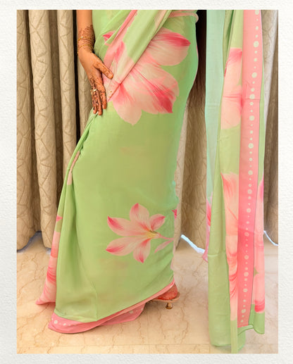 Vasanti – Pink Floral Printed Saree | Pure Crepe