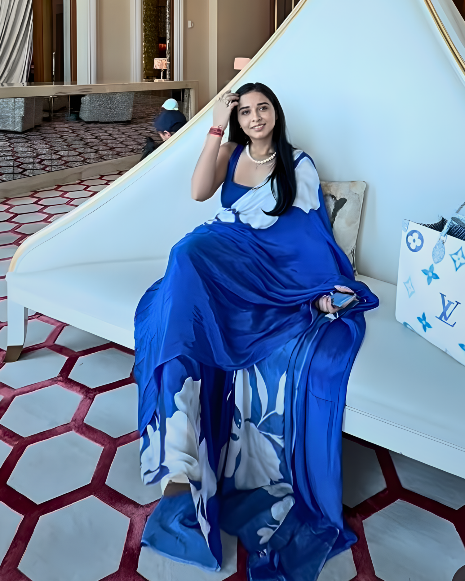 Neelphool – Blue Saree with White Floral Elegance (Pure Crepe)