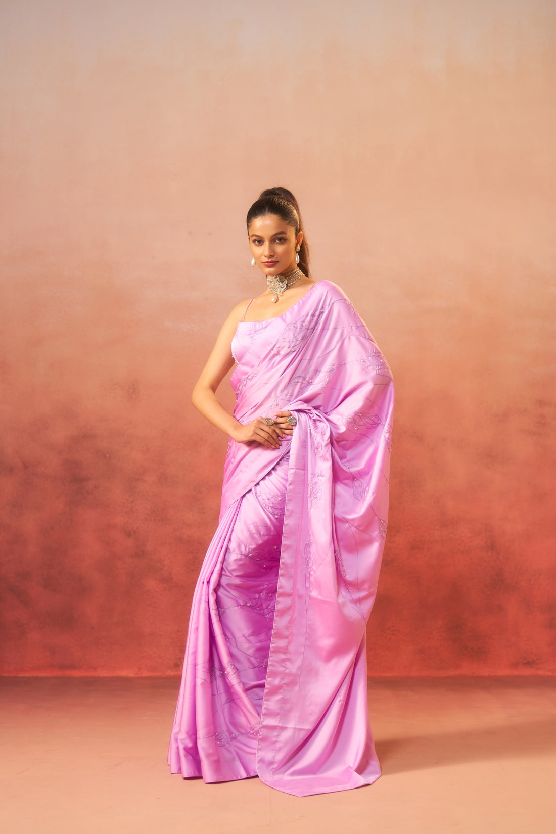 Shabnam – Lilac Saree with Pearl Border &amp; Embroidery