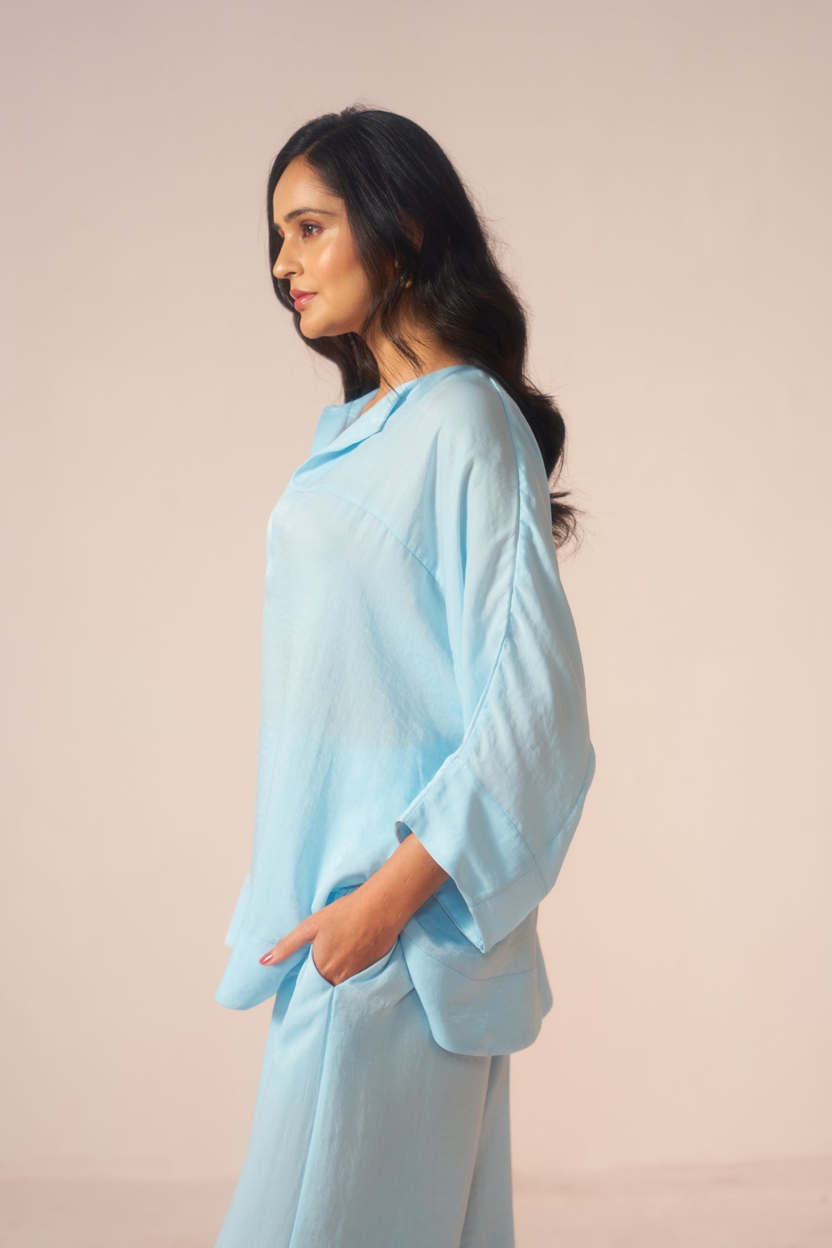 Sky Drift – Sky Blue Coord Set with Slit Pants