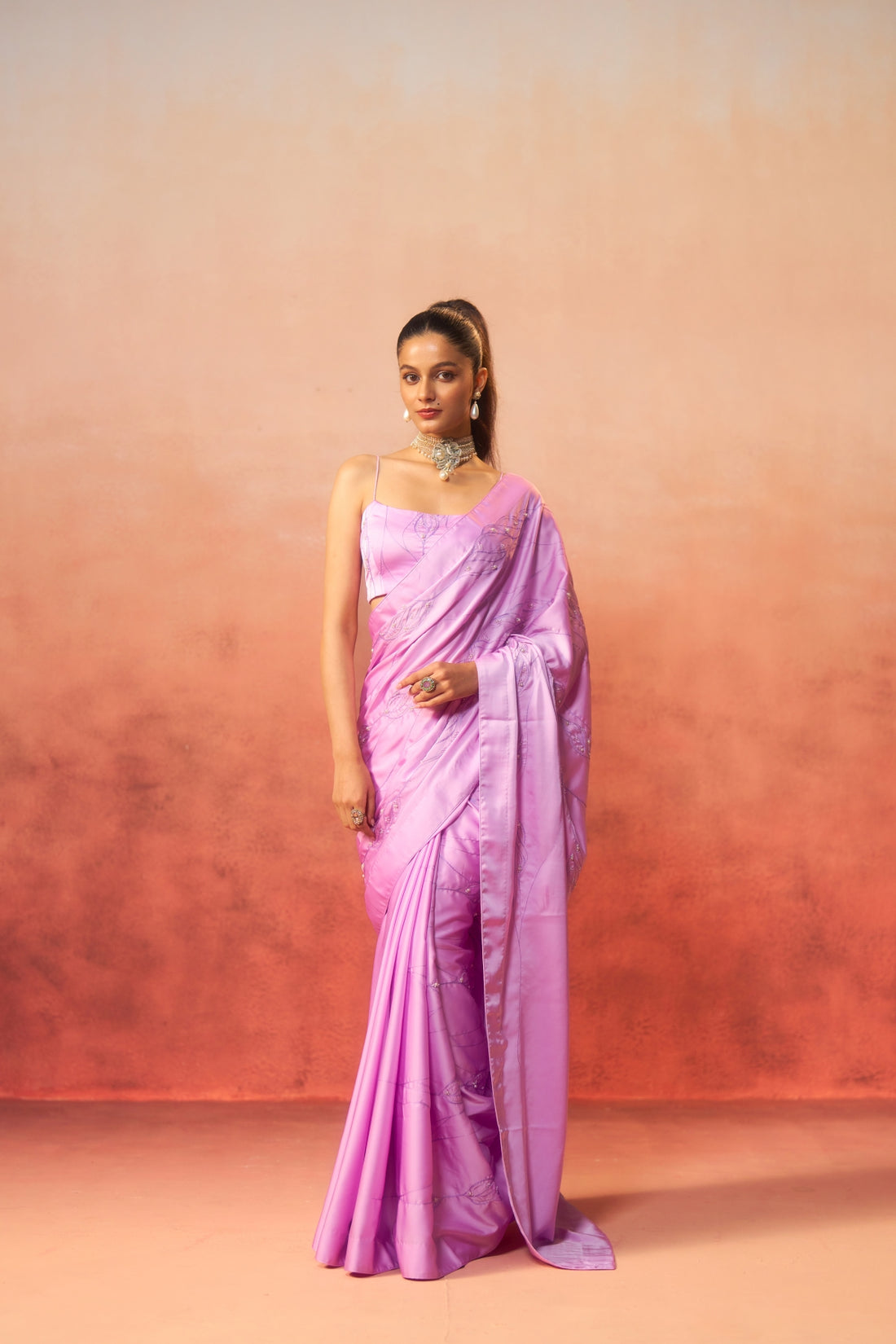 Shabnam – Lilac Saree with Pearl Border &amp; Embroidery