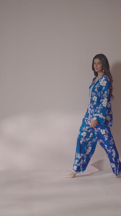 Neelphool – Blue Coord Set with White Floral Elegance