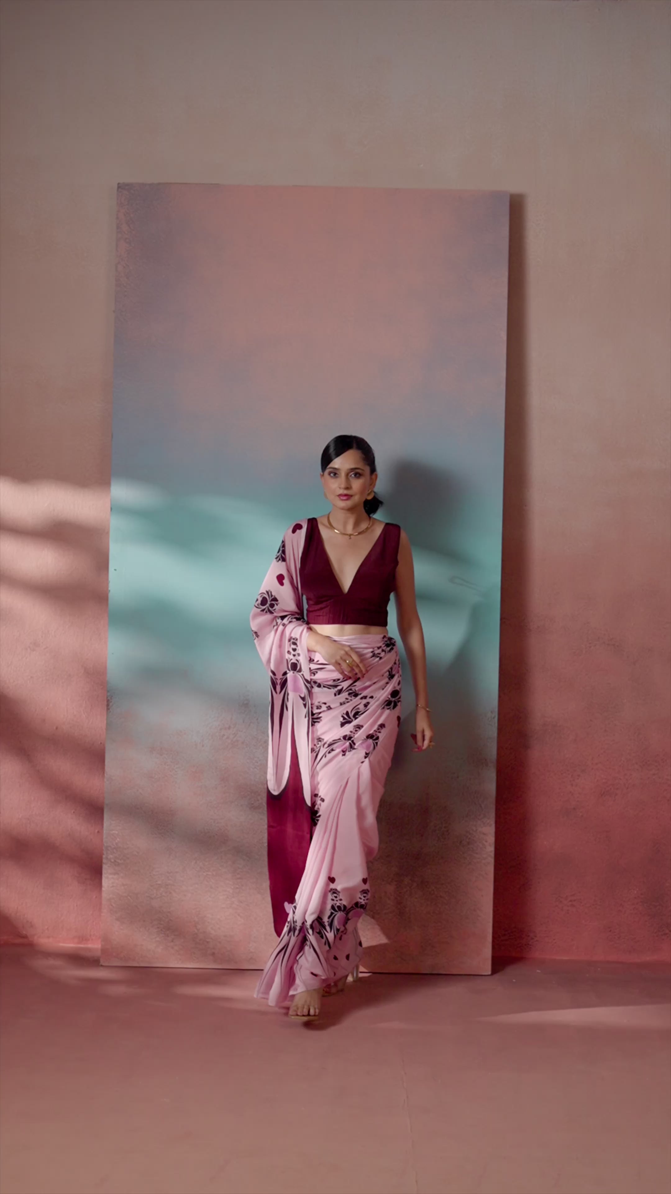 Gulnaar - Pink with Maroon Motifs Saree (Pure Crepe)