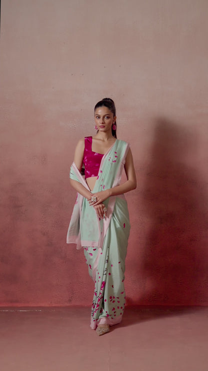 Gulbagh – Garden of Grace in Green &amp; Pink (Pure Crepe)